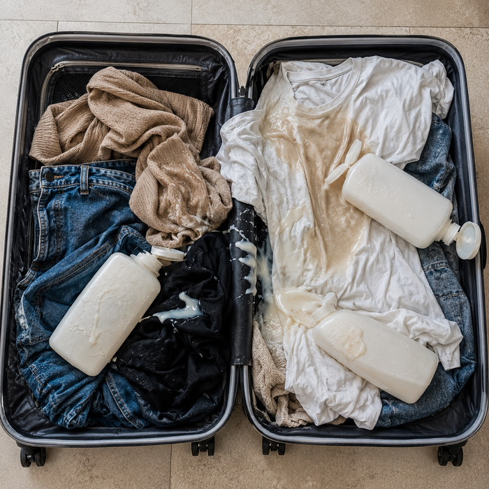 Messy spilled toiletries in a suitcase